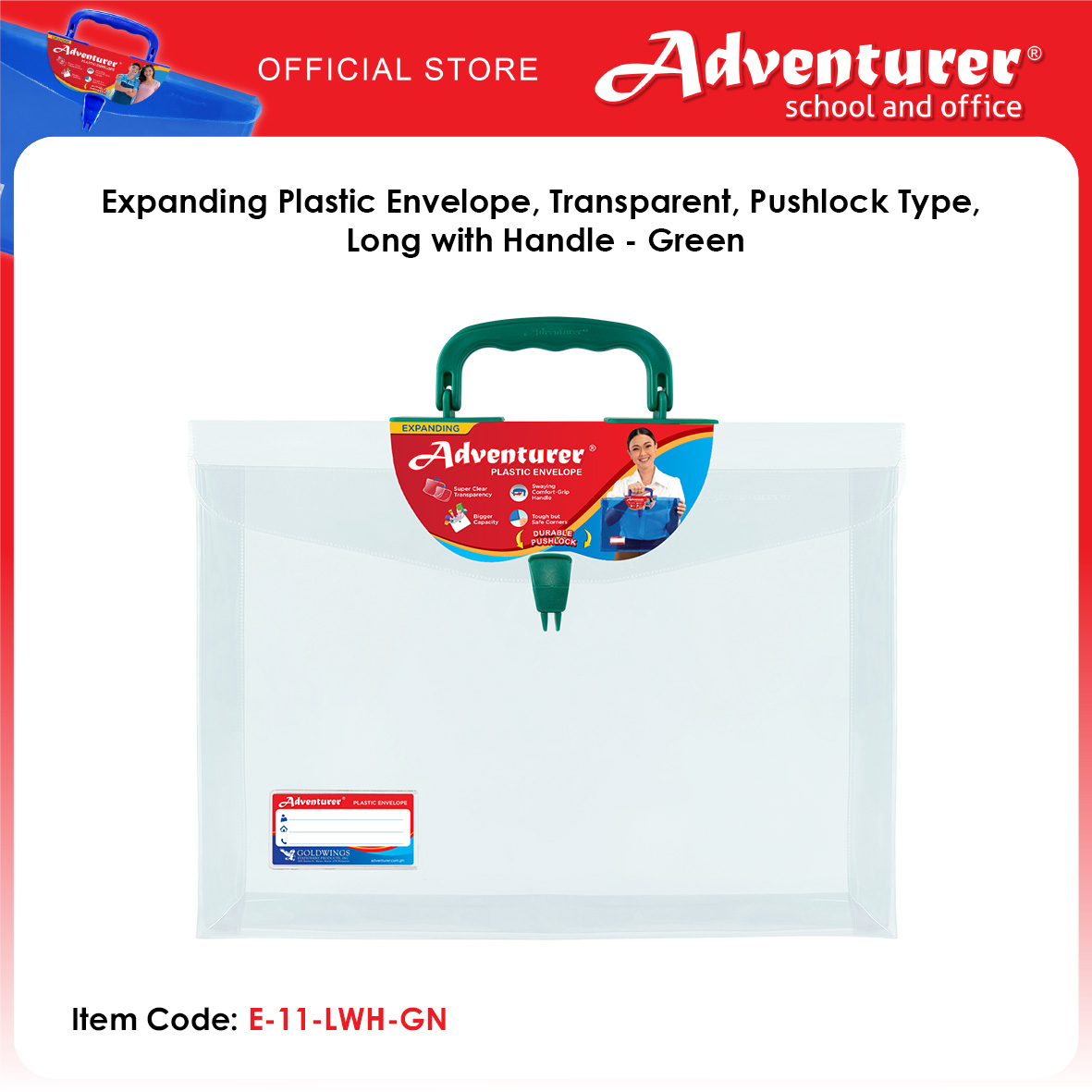Adventurer Expanding Plastic Envelope Transparent Pushlock Type Long with Handle