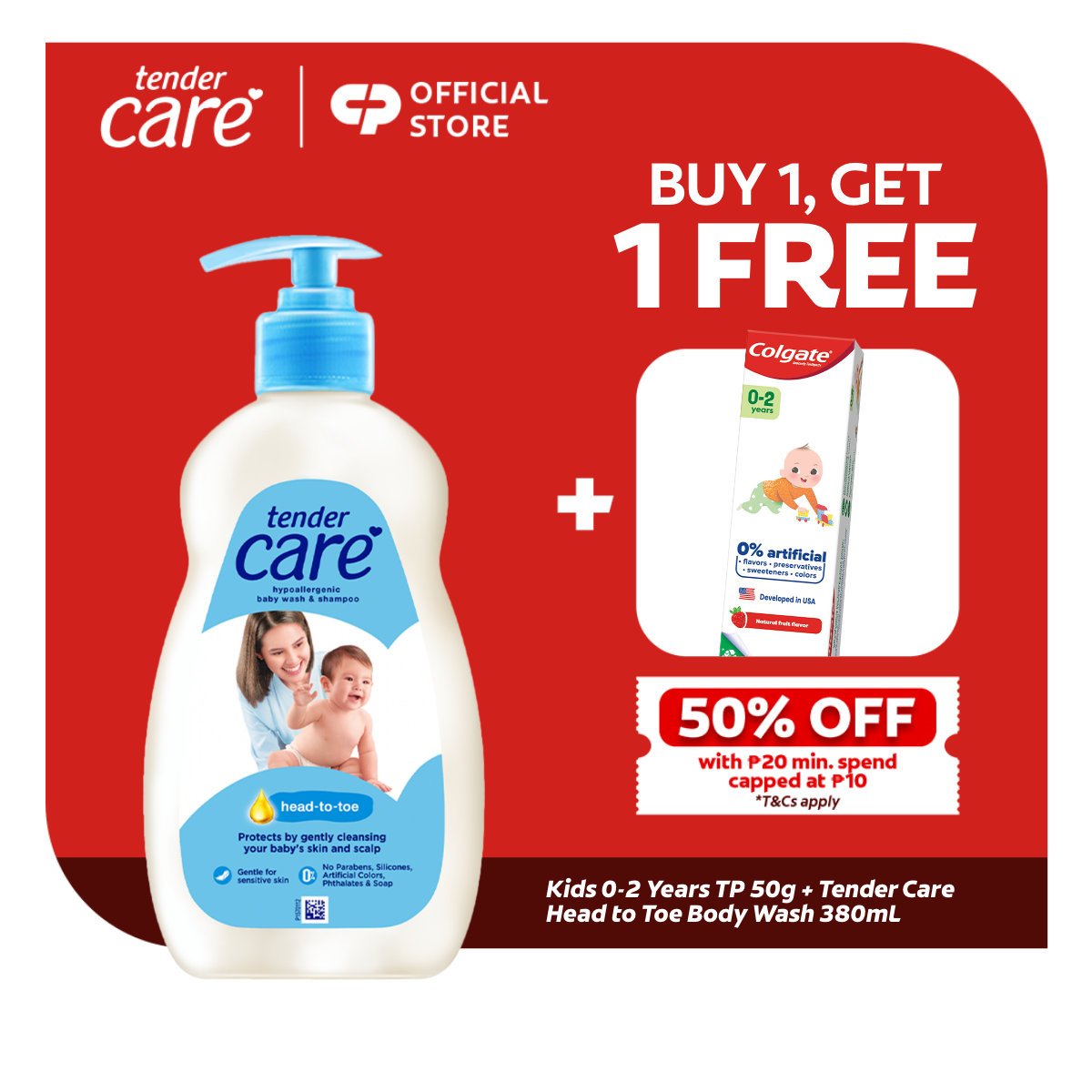 [BUY 1 FREE 1] Tender Care Head to Toe Baby Wash 380ml + Colgate Kids Baby (0-2 Years) Toothpaste 50g