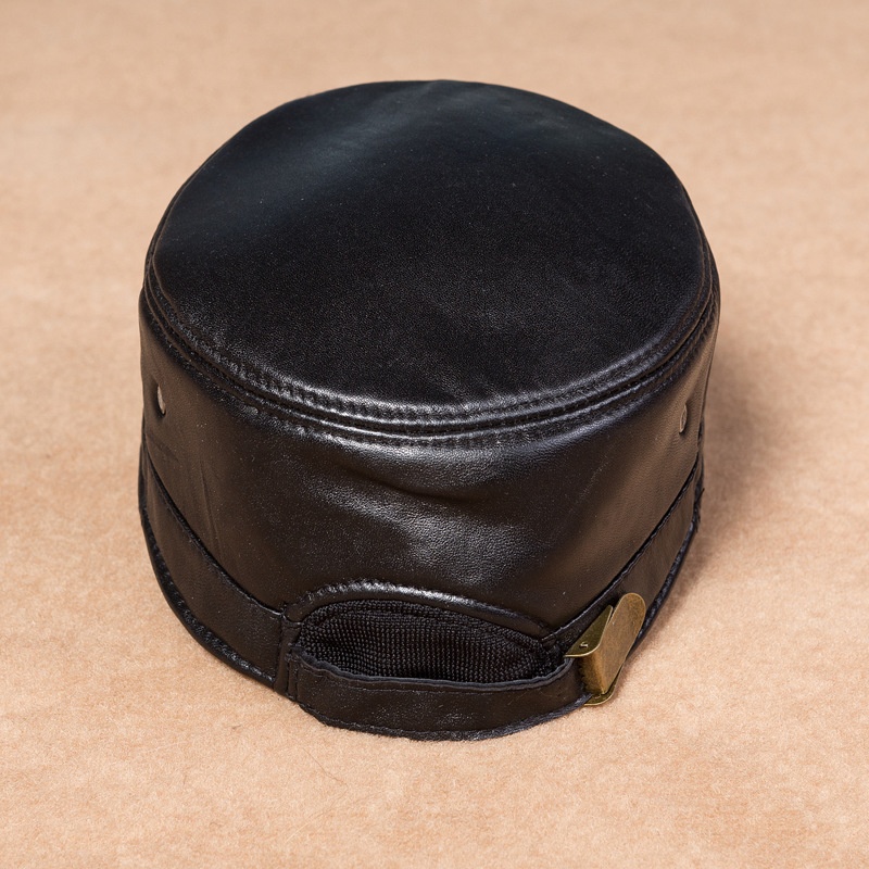 Mens Womens Black Solid Leather Biker Flat Cap Adjustable Motorcycle