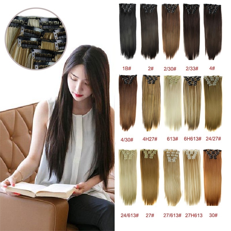 6 Pcs Set Long Straight Hairpiece Wig 16 Clips Heat Resistant